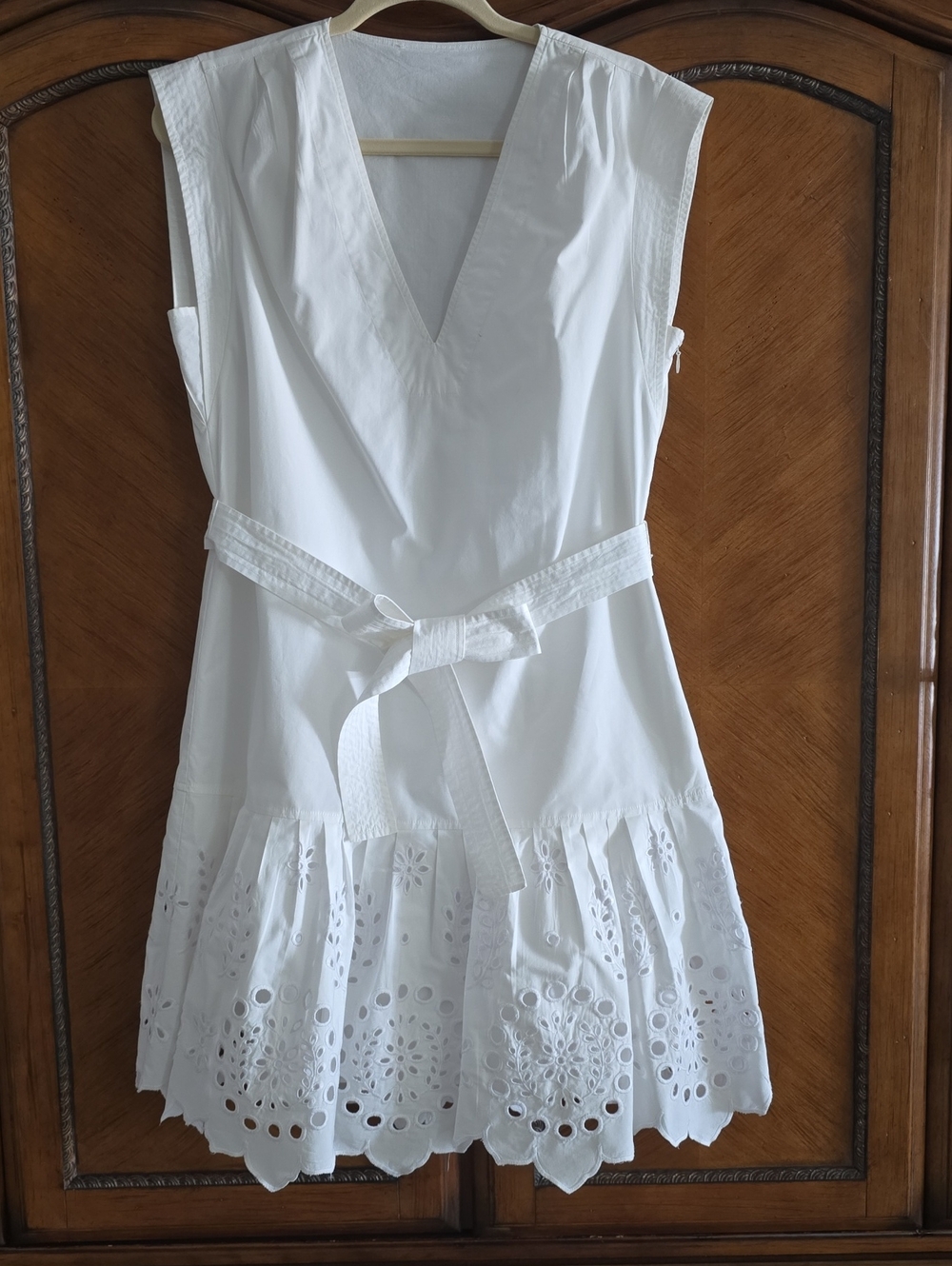 Self-Portrait White Eyelet V‑Neck Mini Dress with Tie Waist